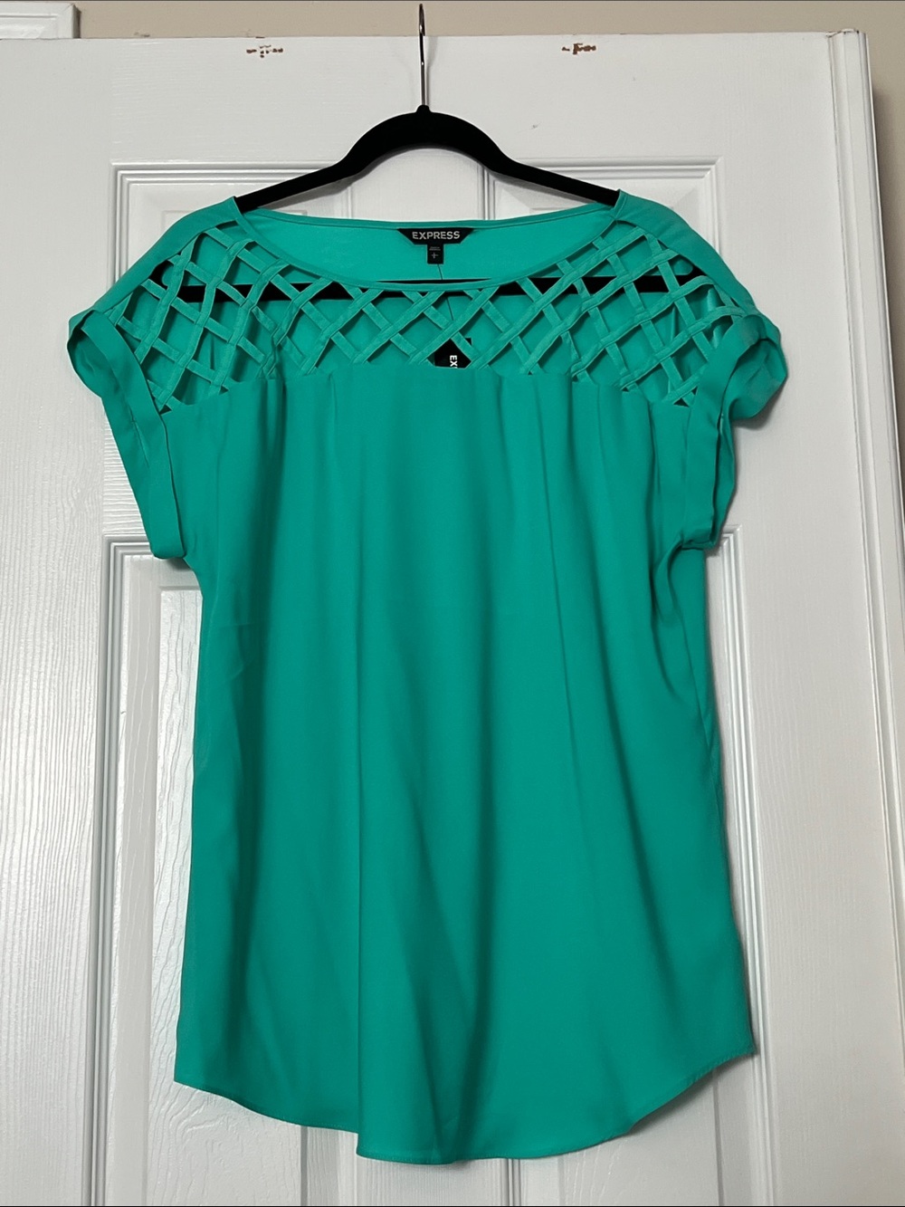 Express Teal Lattice Yoke Short-Sleeve Blouse